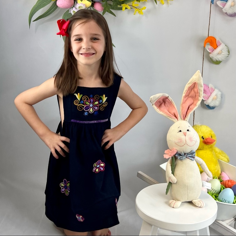 Black embroidered girls dress or top size 5. Hand made dress. Colorful & fun.